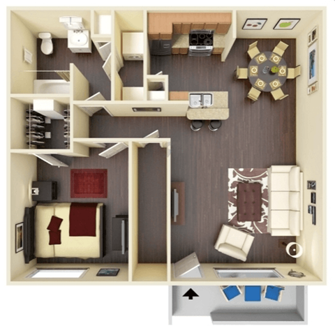 a 3d drawing of a apartment with a bedroom and living room